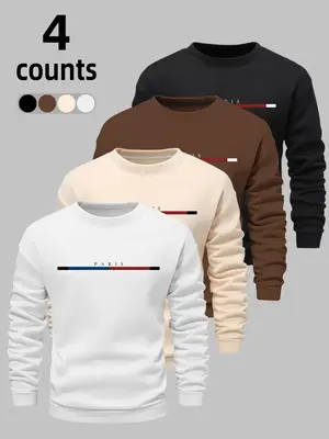 Men's Letter & Geometric Print Drop Shoulder Warm Sweatshirt, Casual Loose Long Sleeve Round Neck Pullover for Fall & Winter,...