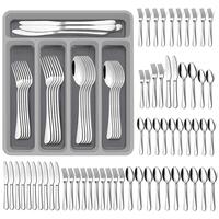 60-Piece Silverware Set with Organizer, Flatware Set for 12, Stainless Steel Kitchen Utensils Cutlery Set for Home Kitchen Re...