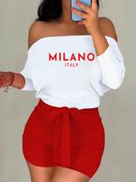 Women's Letter Print Off Shoulder Tee & Skinny Pants Set, Casual Fashion Cozy Top & Trousers for Daily Outdoor Wear, Ladies C...