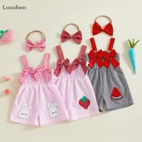 Infant and Toddler Baby Girl Sweet and Cute 2-Piece Set Summer Clothing Sleeveless Square Neck Bow Front Embroidery Strawberr...