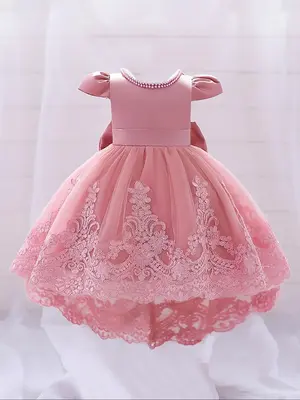 Girl's Floral Embroidery Big Bow Decor Contrast Mesh High Low Tulle Dress, Elegant Puff Cap Sleeve Zipper BackĀ Faux PearlsĀ ...