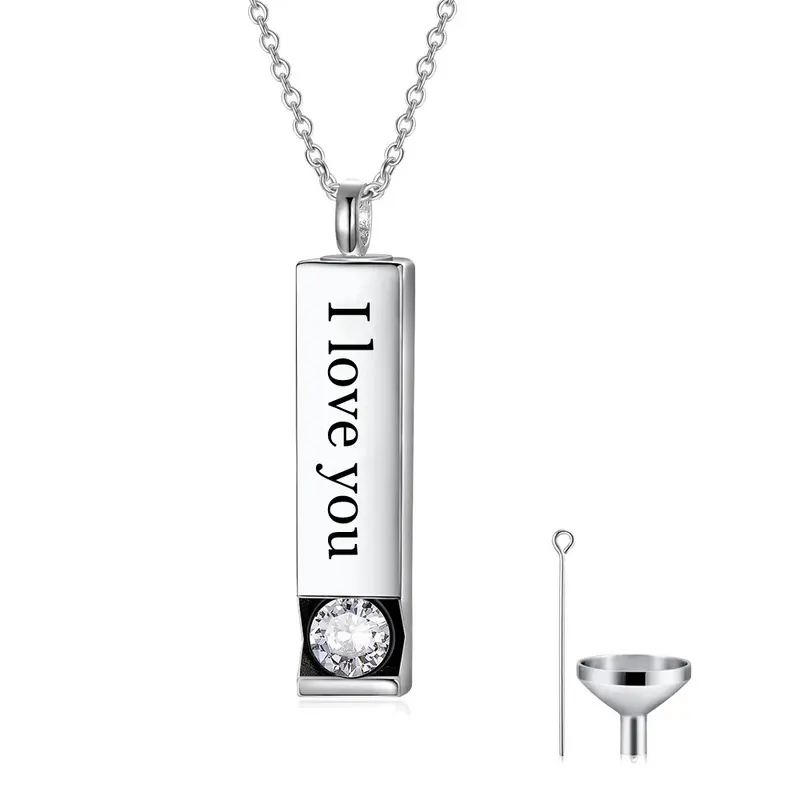 Sterling Silver Circular Shaped Cubic Zirconia Bar Urn Necklace for Ashes with Engraved Word