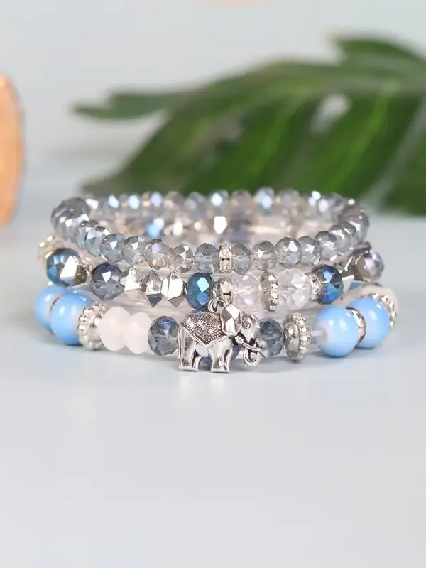 3pcs/set Boho Style Elephant Decor Stackable Bracelets, Adjustable Multi-layer Beaded Bracelet Set, Fashion Jewelry for Women...