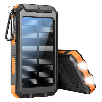 10000mAh Solar Portable Power Bank, Dual USB Output Port, Waterproof External Battery Pack with Flashlight, Compass & Carabin...