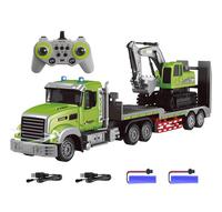 RC Semi Truck & Excavator Toy Set,1:12 RC Semi-Trailer Truck with Sound and Lights,2.4Ghz Remote Control Flatbed Truck with E...