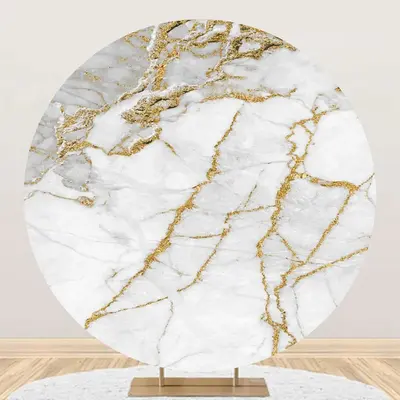 Grey And Gold Marble Simple Round Birthday Backdrop - Aperturee