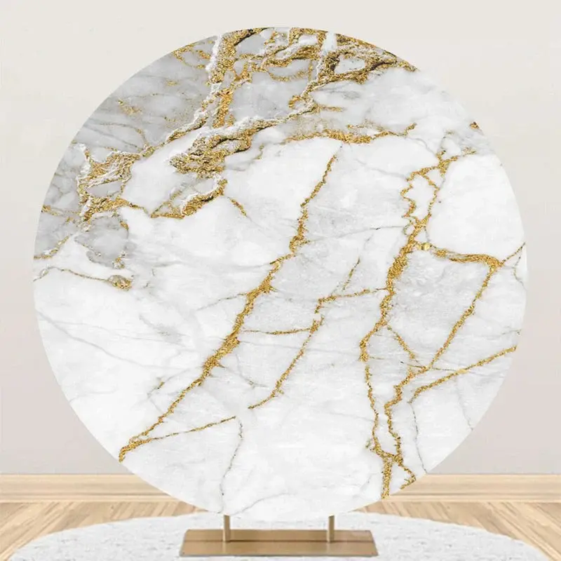 Grey And Gold Marble Simple Round Birthday Backdrop - Aperturee