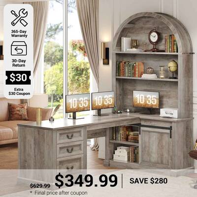 SEDETA | 67 Inch Mid-Century Corner Office Computer Desk L Shaped Desk with Tall Arched Bookshelf Sliding Barn Door Power Out...