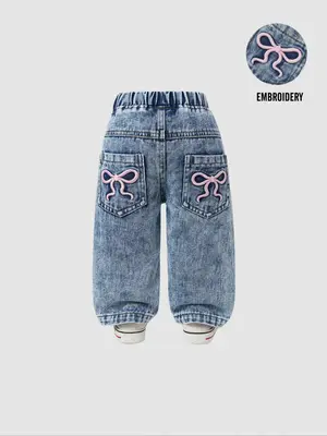 Cute Bow Embroidered Baby Girl Jeans, Elastic Waist Wide Leg Denim Jeans, Casual Daily Wear, Light Wash