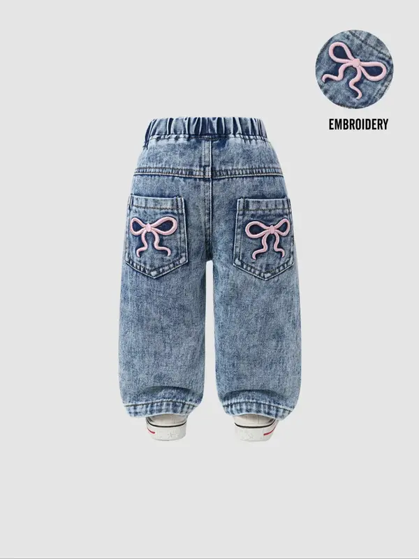 Cute Bow Embroidered Baby Girl Jeans, Elastic Waist Wide Leg Denim Jeans, Casual Daily Wear, Light Wash