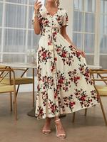 Women's Floral Print Button Front Dress, Boho Frenchy Style Short Sleeve Dresses, Summer Outfits 2024, Women's Clothes for ...