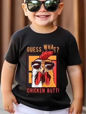CHICKEN BUTT Print Comfy Cotton T-shirt For Boys, Short Sleeve Casual Top, Summer Outdoor Daily Wear