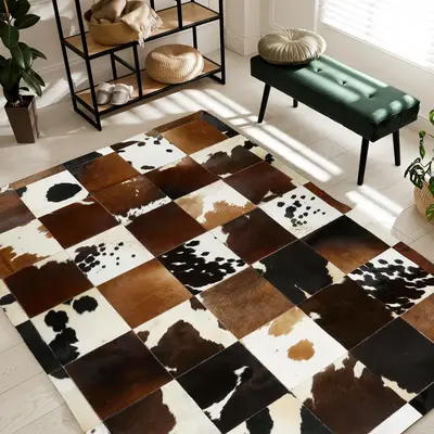 Brown & Cream Natural Cow Skin Textured Rug