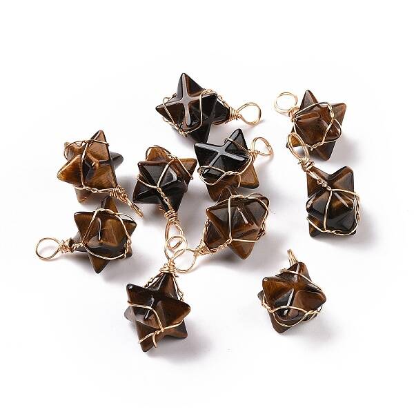 Natural Tiger Eye Copper Wire Wrapped Pendants