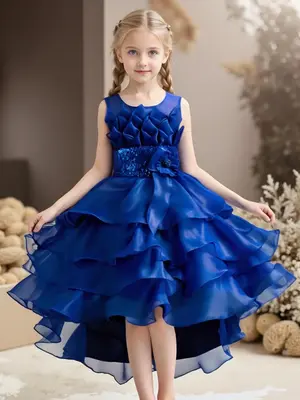 Girl's Contrast Mesh Flower Appliques High Low Hem Satin Dress, Elegant Contrast Sequin Bow Back Sleeveless Fit & Flare Dress...