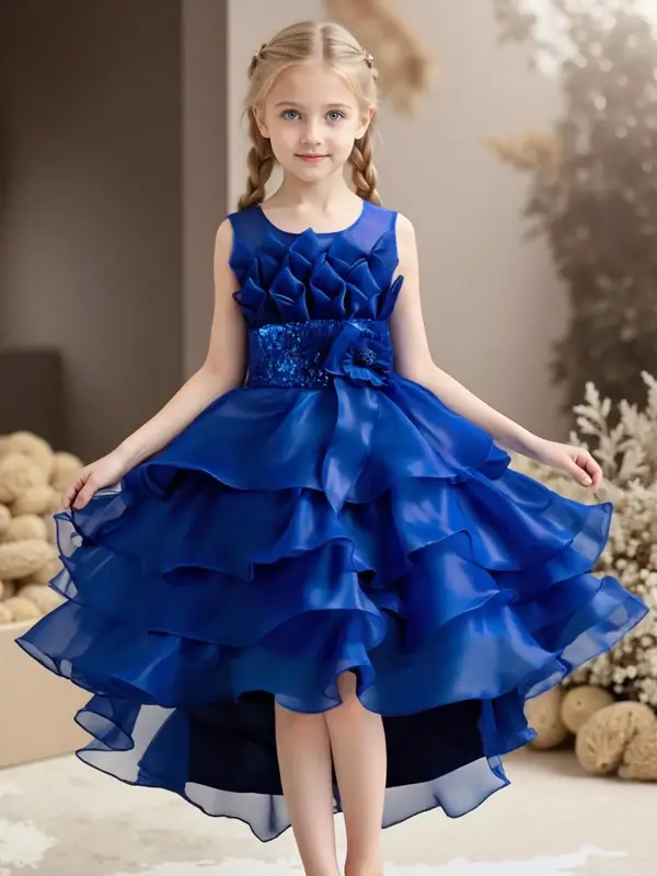 Girl's Contrast Mesh Flower Appliques High Low Hem Satin Dress, Elegant Contrast Sequin Bow Back Sleeveless Fit & Flare Dress...