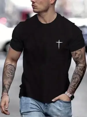 Men's Regular Fit Cross Print Round Neck Tee, Casual Short Sleeve Crew Neck T-Shirt for Summer, Fashion Men's Top for Daily W...