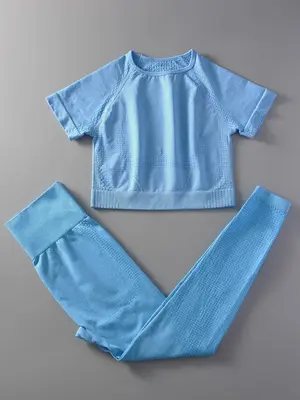 Women's Solid Tracksuit Set, Sport Raglan Sleeve Crop Top & High Waist Leggings, Summer Clothes Women, Women Tracksuits fo...