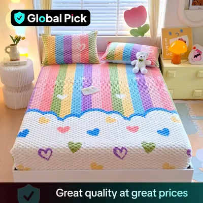 Thickened Cartoon Bedding Set, 1 Count Fitted Sheet & 2 Counts Pillowcase without Filler, Warm Touch Dustproof Soft and Comfo...
