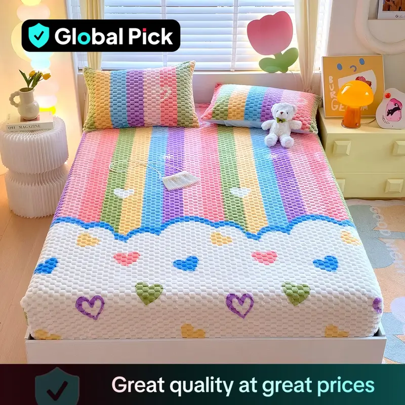 Thickened Cartoon Bedding Set, 1 Count Fitted Sheet & 2 Counts Pillowcase without Filler, Warm Touch Dustproof Soft and Comfo...