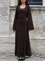 Women's Chic Minimalist Striped Print Lace Up Back Lettuce Hem Long Dress, Lady Elegant Basic Comfort Square Neck Flounce Sle...