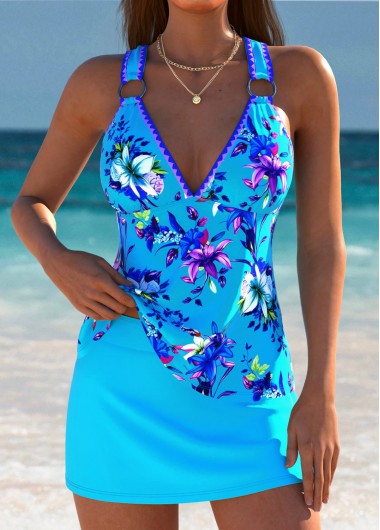 Modlily Lace Up Mid Waisted Floral Print Tankini Set - L