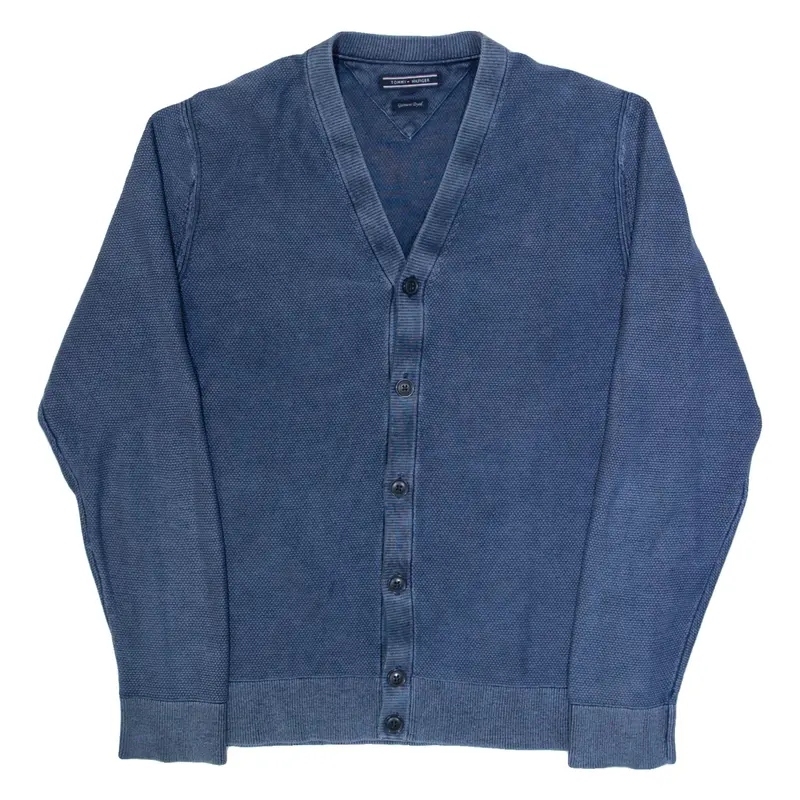 TOMMY HILFIGER Mens Cardigan Blue V-Neck Tight Knit L