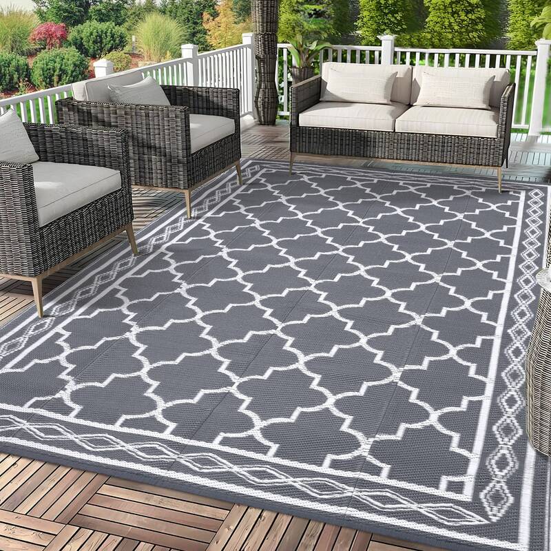 Garvee Outdoor Grey 10x14 Rug – Geometric Textured Waterproof Stain-Resistant Foldable Polypropylene Rug for Garden, Patio,...