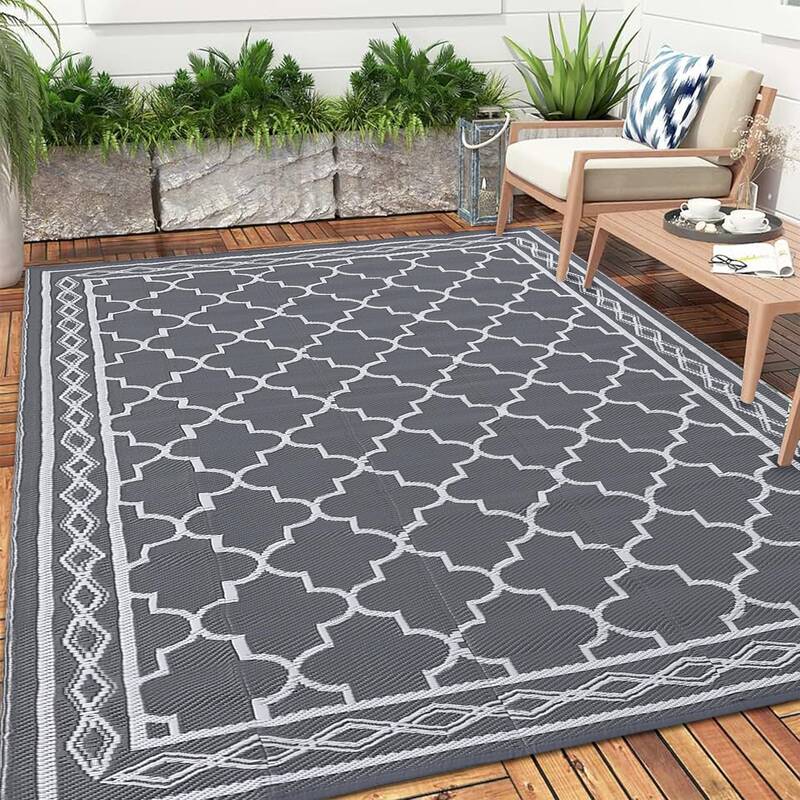 Garvee Outdoor Grey 10x14 Rug – Geometric Textured Waterproof Stain-Resistant Foldable Polypropylene Rug for Garden, Patio,...