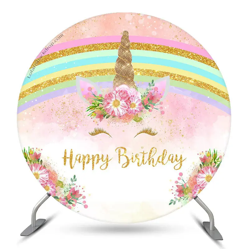 Aperturee Rainbow Pink Unicorn Round Happy Birthday Backdrop | Round Birthday Backdrop Cover | Round Backdrop Cover Diy | Bir...