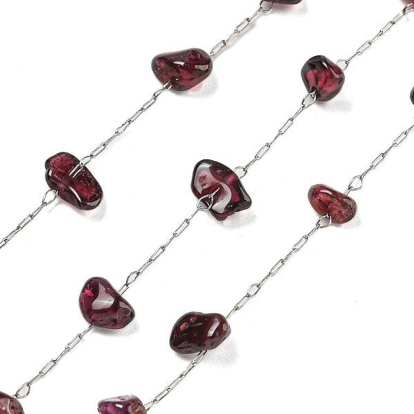 304 Stainless Steel with Dyed Natural Garnet Chip Link Chains