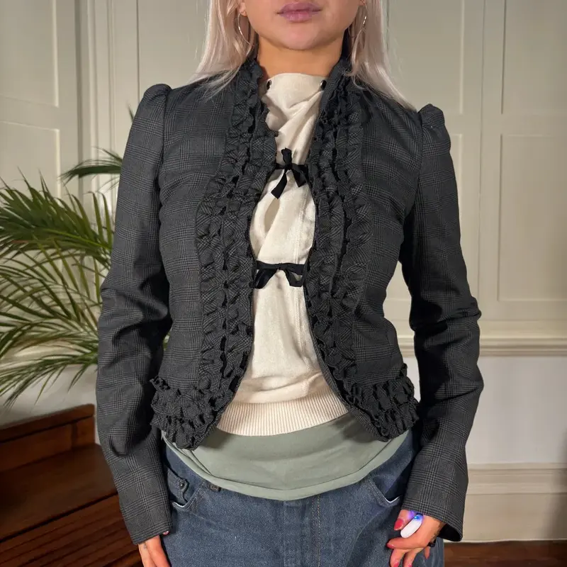 Sisley Checked Blazer - Small Grey Cotton Blend