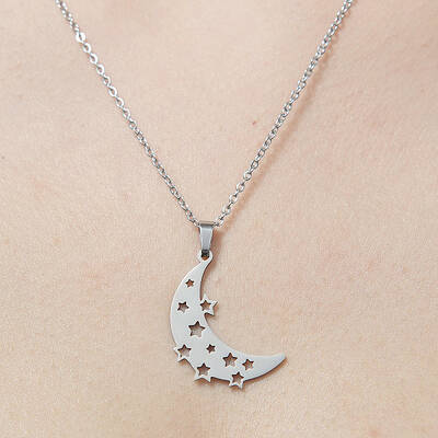 Non-Tarnish 201 Stainless Steel Hollow Moon & Star Pendant Necklace