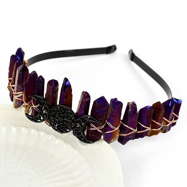 Hollow Triple Moon Metal with Raw Natural Quartz Wrapped Hair Hair Bands