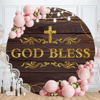 Aperturee Gold God Bless Round Wood Baby Shower Backdrop