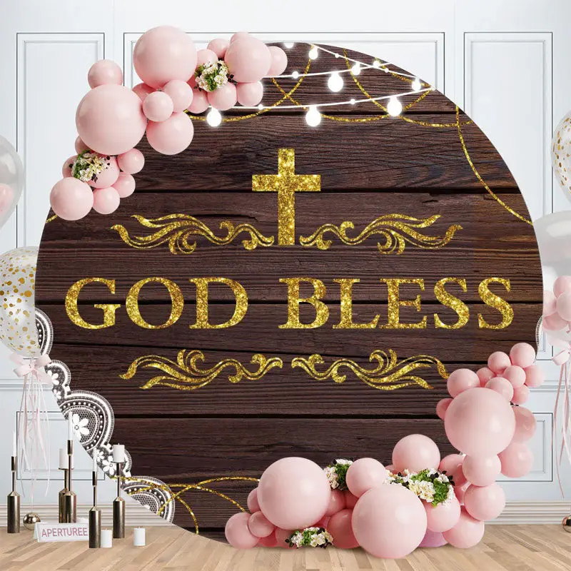 Aperturee Gold God Bless Round Wood Baby Shower Backdrop