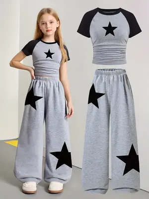 Girls Trendy Two-Piece Set for Back to School, Wide-Leg Sports Pants with Star Pattern, Perfect for Spring & Summer Celebrati...