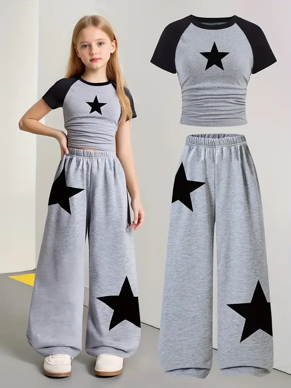 Girls Trendy Two-Piece Set for Back to School, Wide-Leg Sports Pants with Star Pattern, Perfect for Spring & Summer Celebrati...