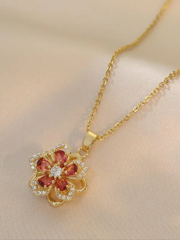 Flower Design Pendant Necklace for Women, Gifts for Her, Elegant Rhinestone Decor Charms Necklace for Party, Daily, Trendy Al...