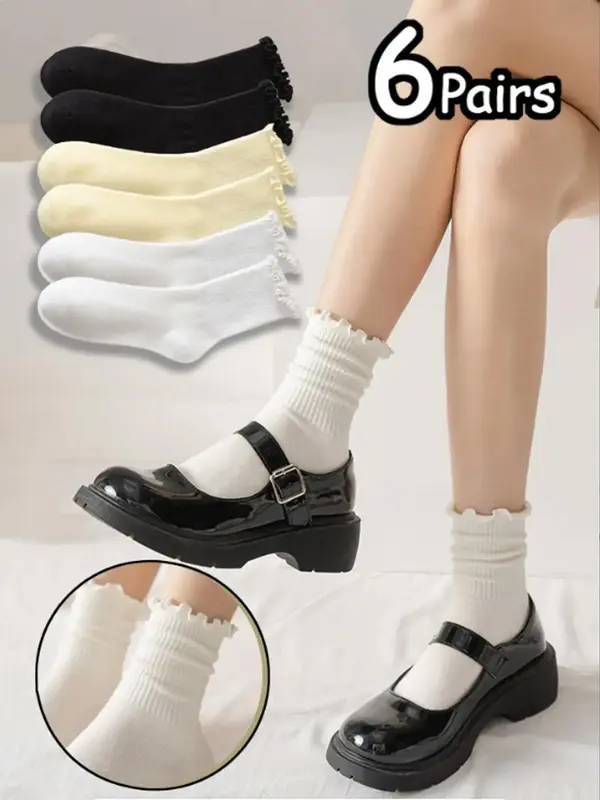 Women's 6 Pairs Frill Trim Crew Socks, Casual Soft Comfy Breathable Clothes for Women, Multi-pack Plain Socks for Daily Wear,...