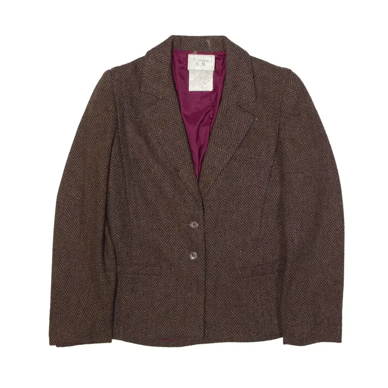 CREATIONS A.M Blazer Jacket Brown Wool 90s Herringbone Womens XS