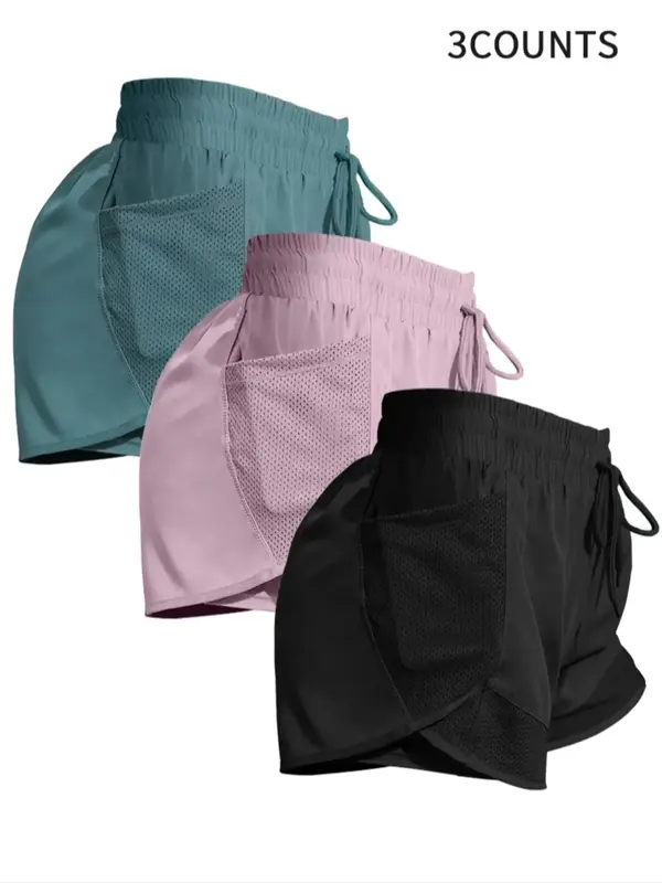 Women's Plain Pocket Drawstring Waist Sports Shorts, Gym Shorts, Sporty Quick-drying 2 in 1 Wrap Shorts, Women's Sportswear f...