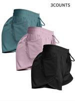 Women's Plain Pocket Drawstring Waist Sports Shorts, Gym Shorts, Sporty Quick-drying 2 in 1 Wrap Shorts, Women's Sportswear f...