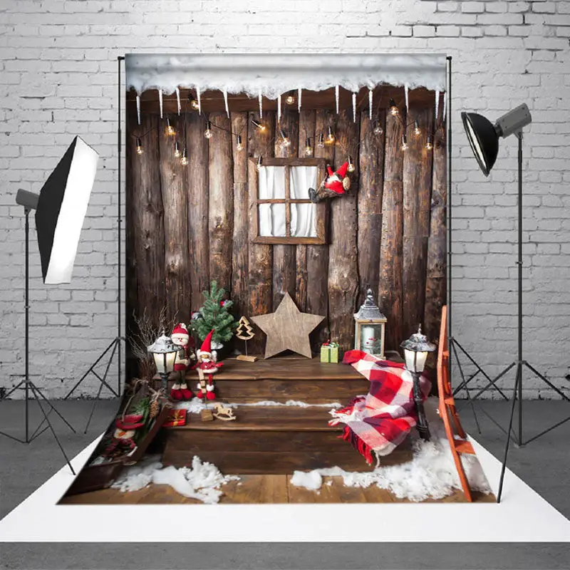 Aperturee Retro Wooden Staris Snowy Christmas Vibe Backdrop - Aperturee