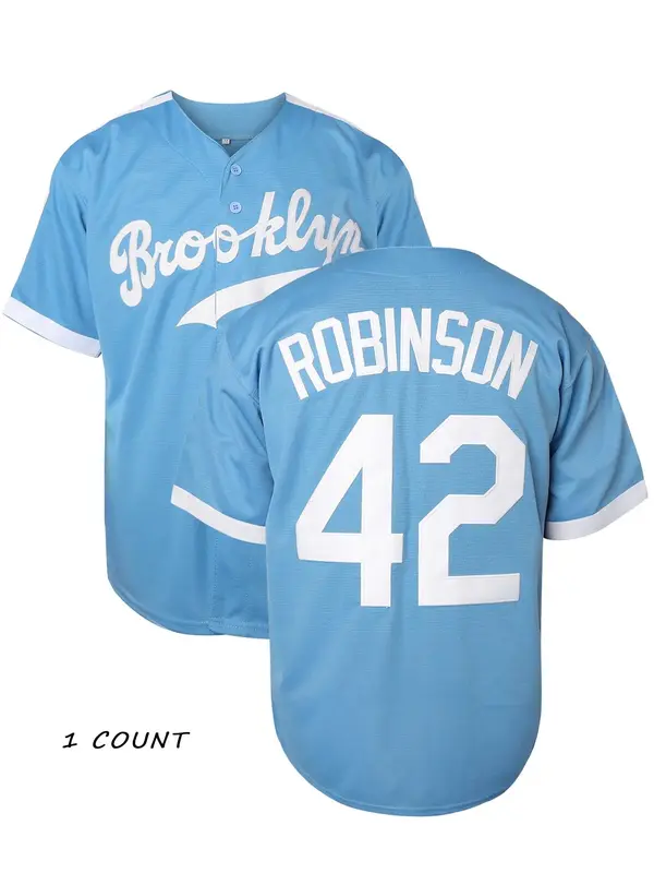 Men's Letter & Number 42 Embroidery Button Front Sport Baseball Jersey, Casual Breathable Short Sleeve V Neck Baseball Top ...
