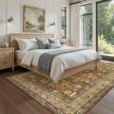 Garvee 8x10 Washable Boho Area Rug - Soft Vintage Floral, Stain Resistant, Faux Wool, Non-Slip Backing, Ultra-Thin, Living Ro...