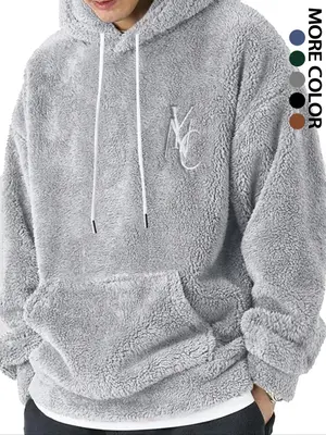 Men's Letter Embroidery Drop Shoulder Fuzzy Hoodie, Regular Fit Casual Long Sleeve Pocket Hooded Sweatshirt for Fall & Winter...