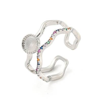 Flat Round Brass Micro Pave Colourful Cubic Zirconia Open Cuff Rings