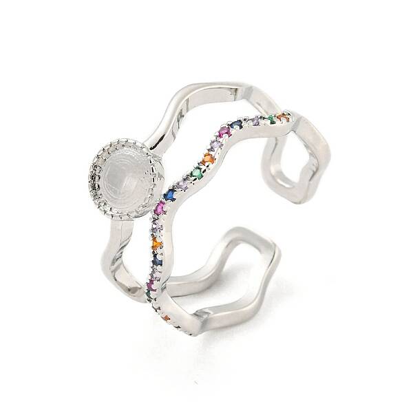 Flat Round Brass Micro Pave Colourful Cubic Zirconia Open Cuff Rings