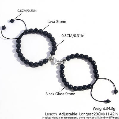 2 Pcs Synthetic Black Stone & Lava Rock Couple Bracelets with Heart Magnetic Attraction